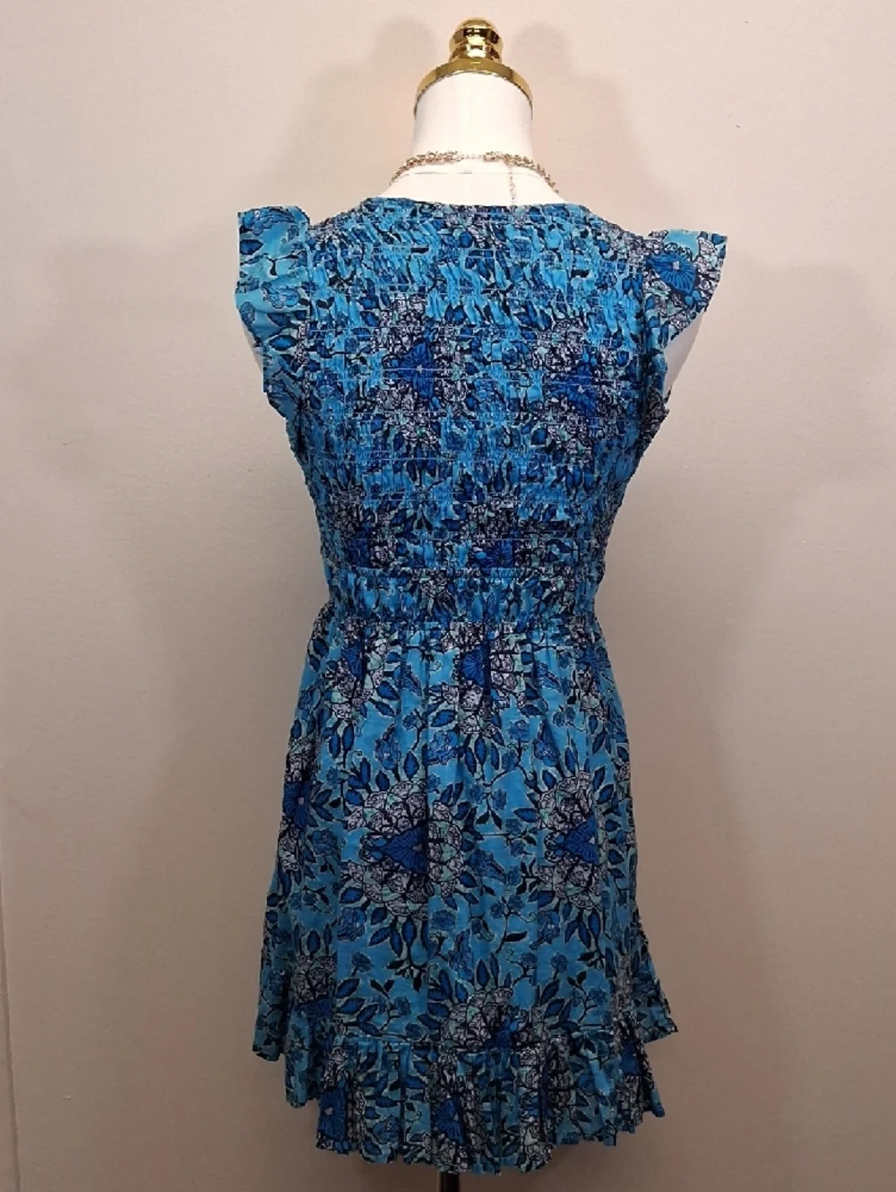 Anthropologie Blue Floral Ruffle Mini Dress Cottagecore Feminine Size XXSP